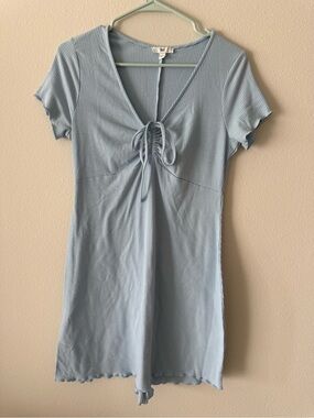bp Light Blue Ribbed V-Neck Tie-Front Mini Dress